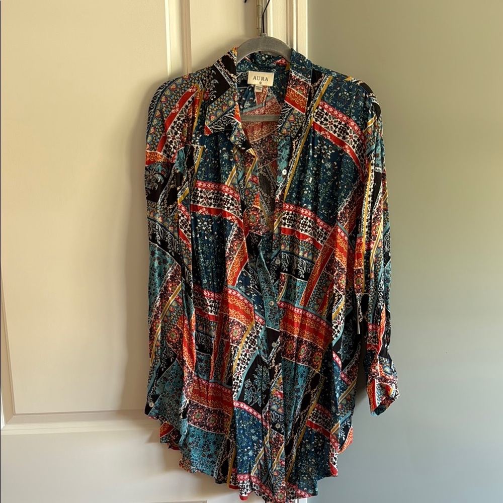Aura Multicolored Patchwork Print Button-Down Shirt coverup